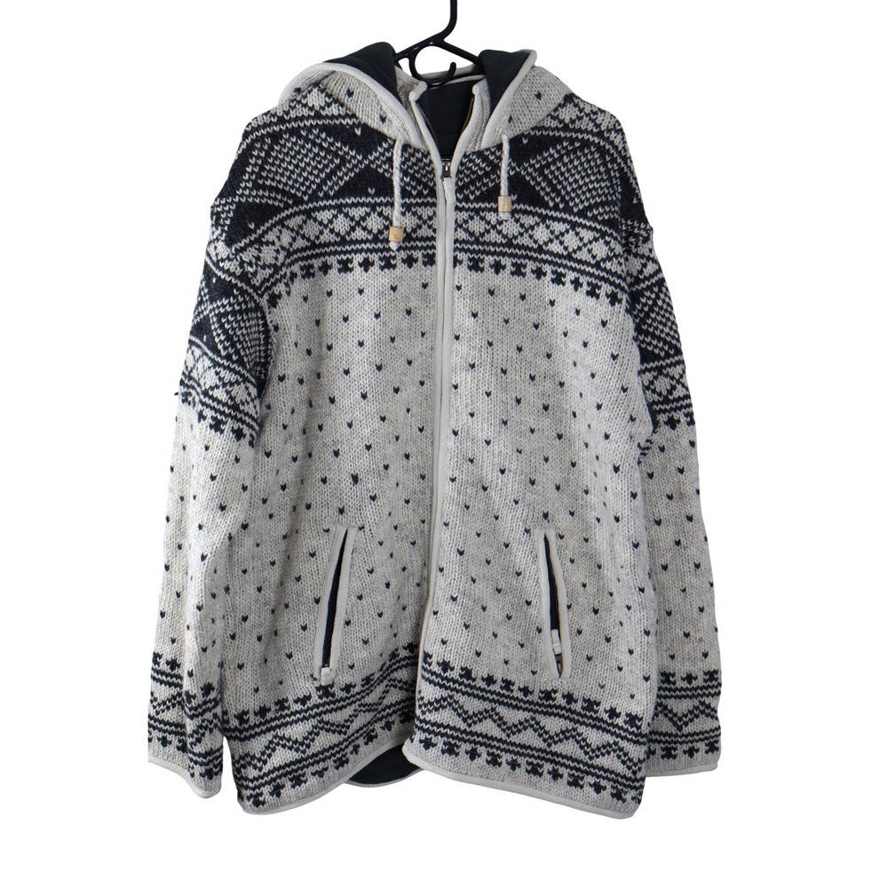 Lost Horizons Wool Fleece Lined Fair Isle Full Zip Hooded Sweater Mens XL Gray